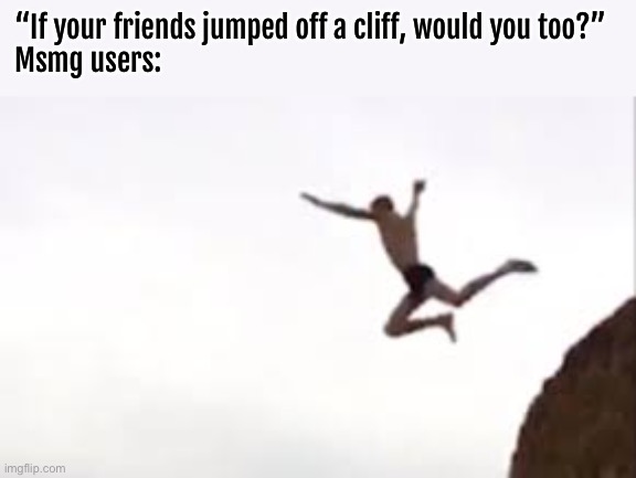 “If your friends jumped off a cliff, would you too?”
Msmg users: | made w/ Imgflip meme maker