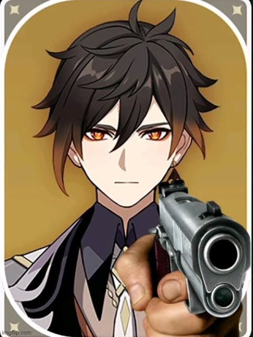 Uh-Oh, Who Gave Zhongli A Gun? | image tagged in zhongli points a gun | made w/ Imgflip meme maker