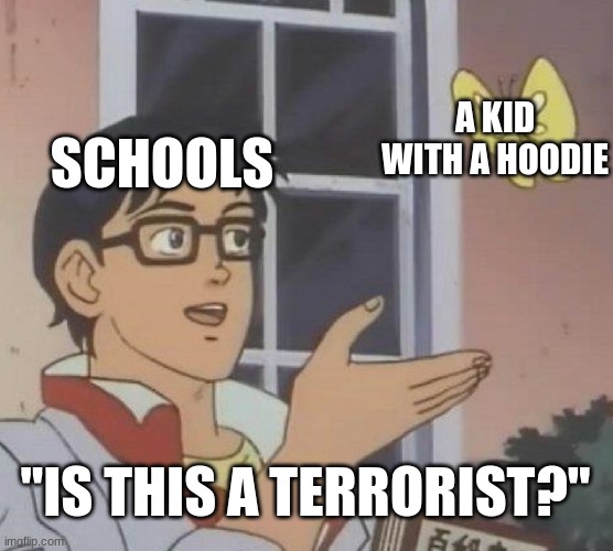 way too accurate for schools. really sucks. | A KID WITH A HOODIE; SCHOOLS; "IS THIS A TERRORIST?" | image tagged in memes,is this a pigeon | made w/ Imgflip meme maker