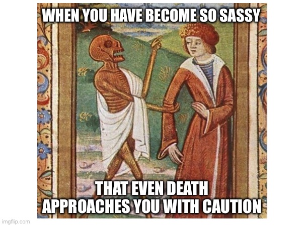Sassy | WHEN YOU HAVE BECOME SO SASSY; THAT EVEN DEATH APPROACHES YOU WITH CAUTION | image tagged in empowerment,women | made w/ Imgflip meme maker