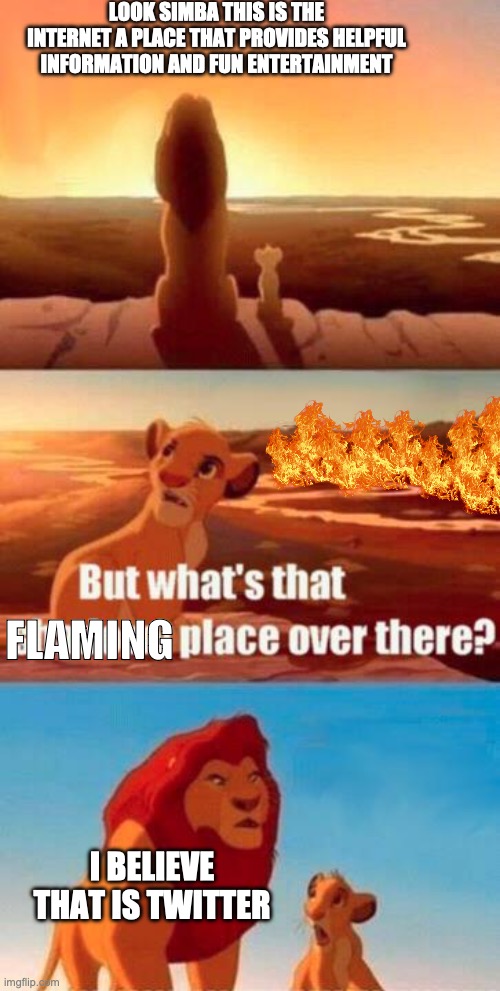 lion king meme | LOOK SIMBA THIS IS THE INTERNET A PLACE THAT PROVIDES HELPFUL INFORMATION AND FUN ENTERTAINMENT; FLAMING; I BELIEVE THAT IS TWITTER | image tagged in lion king light touches shadowy place kek,so true memes,lion king meme,twitter | made w/ Imgflip meme maker