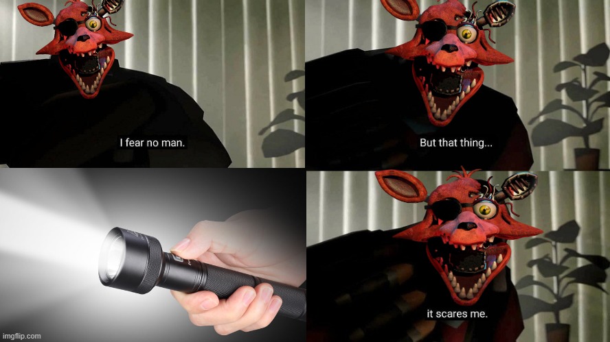 *flash flash* | image tagged in fnaf 2,five nights at freddy's 2,withered foxy,tf2 heavy i fear no man,i fear no man,i fear no man but that thing it scares me | made w/ Imgflip meme maker