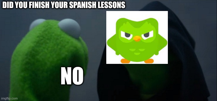 uh oh | DID YOU FINISH YOUR SPANISH LESSONS; NO | image tagged in memes,evil kermit | made w/ Imgflip meme maker