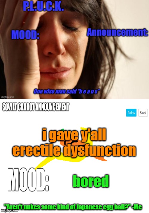 now you can't look at gay furry femboy p0rn. | i gave y'all erectile dysfunction; bored | image tagged in p l u c k and soviet-carrot/communitymoderator12 announcements | made w/ Imgflip meme maker