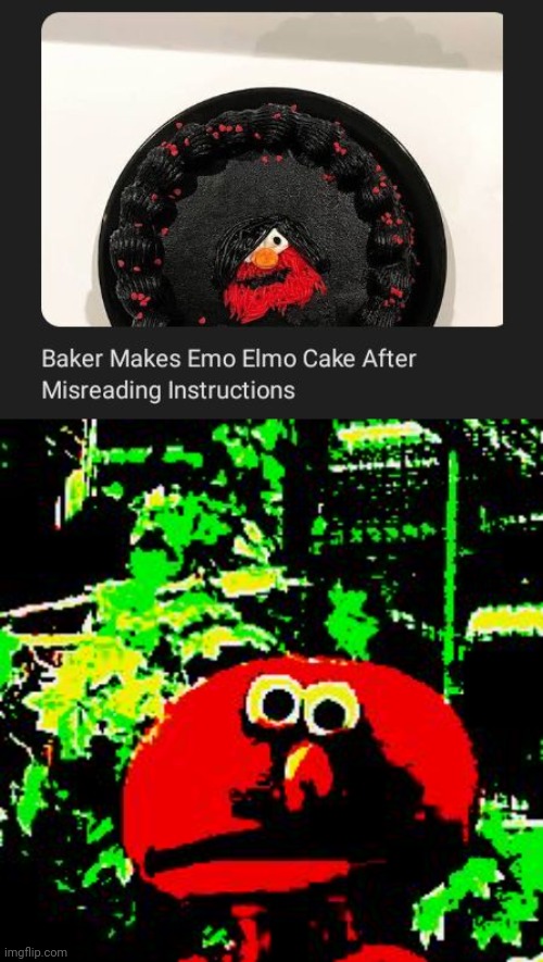 "Emo Elmo cake" | image tagged in shocked elmo,emo,elmo,cake,dessert,memes | made w/ Imgflip meme maker