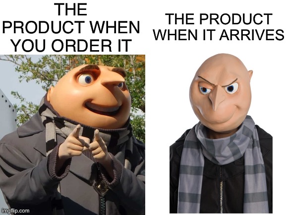 G R U | THE PRODUCT WHEN YOU ORDER IT; THE PRODUCT WHEN IT ARRIVES | image tagged in despicable me,gru,memes,funny,funny memes,meme | made w/ Imgflip meme maker