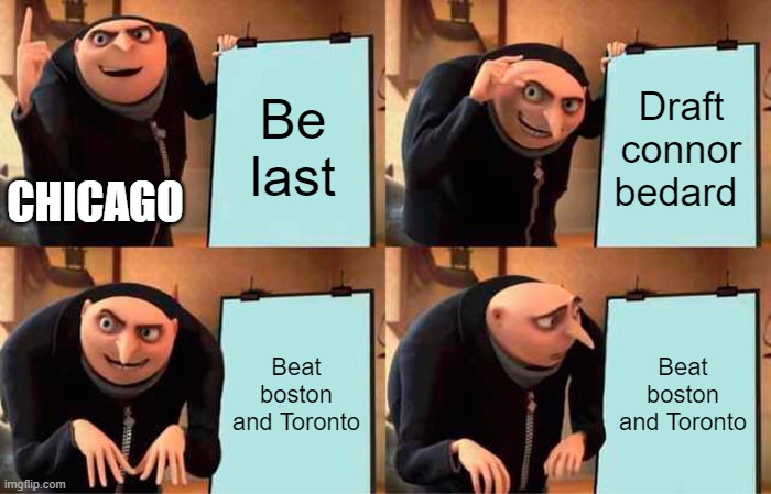 Gru's Plan Meme | Be last; Draft connor bedard; CHICAGO; Beat boston and Toronto; Beat boston and Toronto | image tagged in memes,gru's plan | made w/ Imgflip meme maker