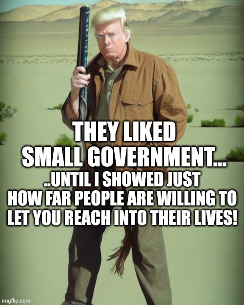 MAGA Action Man | THEY LIKED SMALL GOVERNMENT... ..UNTIL I SHOWED JUST HOW FAR PEOPLE ARE WILLING TO LET YOU REACH INTO THEIR LIVES! | image tagged in maga action man | made w/ Imgflip meme maker