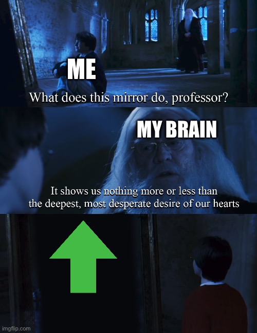 Upvote pls | ME; MY BRAIN | image tagged in harry potter mirror | made w/ Imgflip meme maker