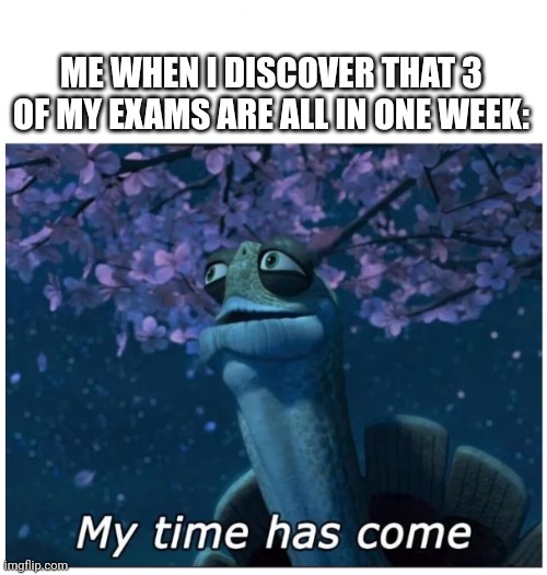 My time has come | ME WHEN I DISCOVER THAT 3 OF MY EXAMS ARE ALL IN ONE WEEK: | image tagged in my time has come | made w/ Imgflip meme maker