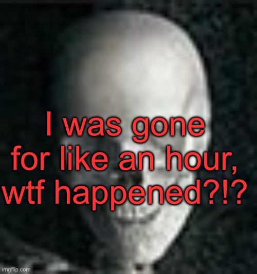 . | I was gone for like an hour, wtf happened?!? | image tagged in skull | made w/ Imgflip meme maker