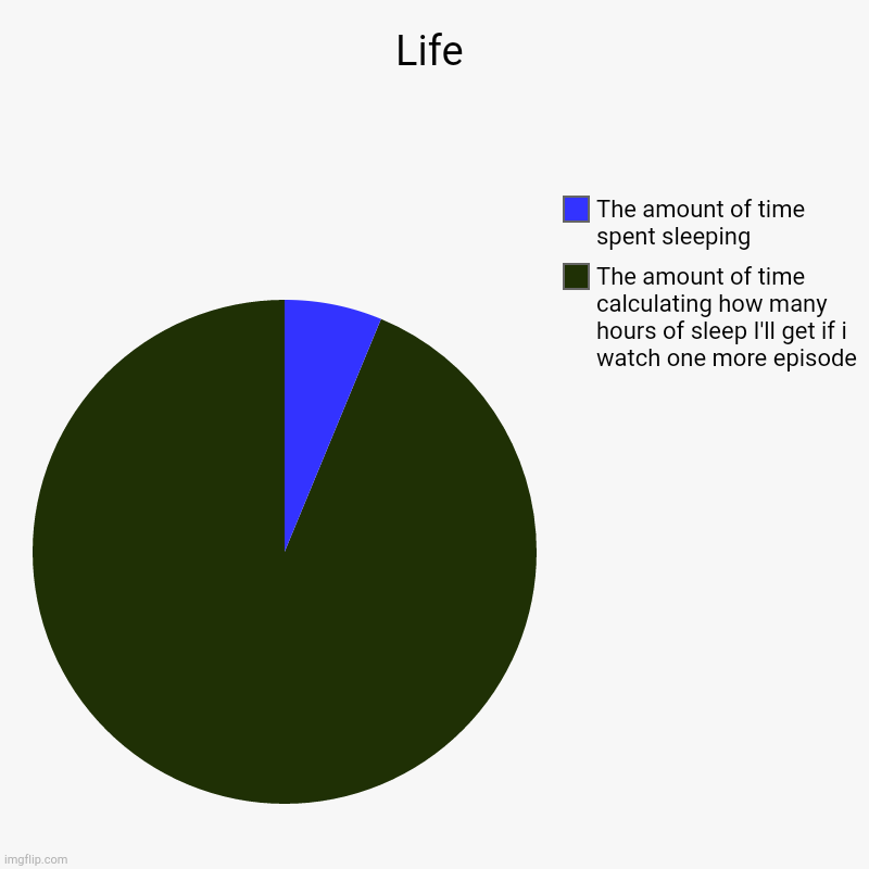 Life | The amount of time calculating how many hours of sleep I'll get if i watch one more episode, The amount of time spent sleeping | image tagged in charts,pie charts | made w/ Imgflip chart maker