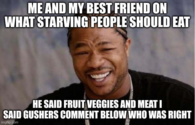 gushers | ME AND MY BEST FRIEND ON WHAT STARVING PEOPLE SHOULD EAT; HE SAID FRUIT VEGGIES AND MEAT I SAID GUSHERS COMMENT BELOW WHO WAS RIGHT | image tagged in memes,yo dawg heard you | made w/ Imgflip meme maker