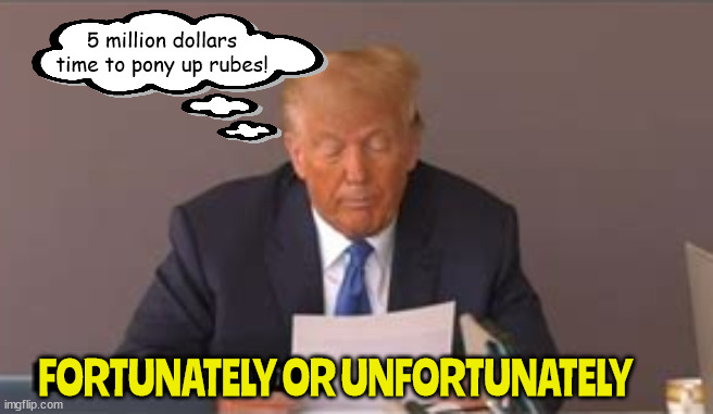 Pony up rubes.. | 5 million dollars time to pony up rubes! FORTUNATELY OR UNFORTUNATELY | image tagged in donald trump,e j carrol,court,jury,awarded,loser | made w/ Imgflip meme maker