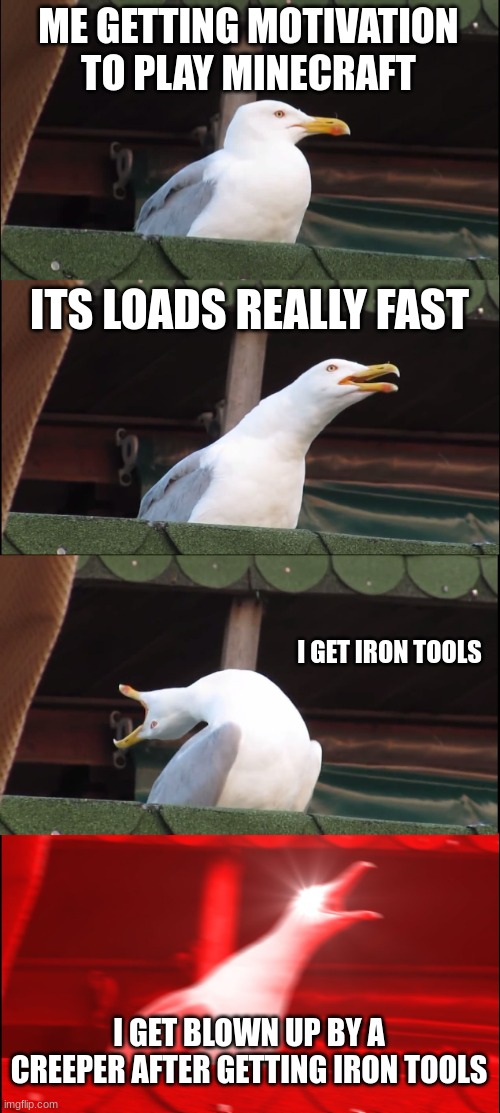 every time | ME GETTING MOTIVATION TO PLAY MINECRAFT; ITS LOADS REALLY FAST; I GET IRON TOOLS; I GET BLOWN UP BY A CREEPER AFTER GETTING IRON TOOLS | image tagged in memes,inhaling seagull,minecraft,funny | made w/ Imgflip meme maker