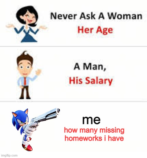 try to guess | me; how many missing homeworks i have | image tagged in never ask a woman her age | made w/ Imgflip meme maker