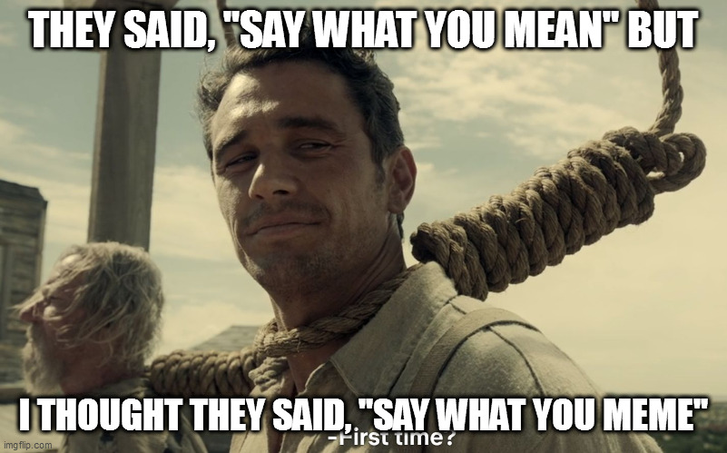 first time | THEY SAID, "SAY WHAT YOU MEAN" BUT; I THOUGHT THEY SAID, "SAY WHAT YOU MEME" | image tagged in first time | made w/ Imgflip meme maker