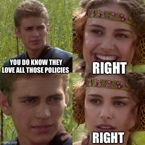 anikin padme | YOU DO KNOW THEY LOVE ALL THOSE POLICIES RIGHT RIGHT | image tagged in anikin padme | made w/ Imgflip meme maker