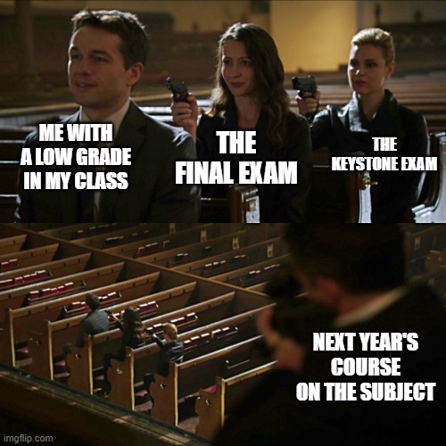 Assassination chain | ME WITH A LOW GRADE IN MY CLASS; THE KEYSTONE EXAM; THE FINAL EXAM; NEXT YEAR'S COURSE ON THE SUBJECT | image tagged in assassination chain,memes,school,person of interest | made w/ Imgflip meme maker