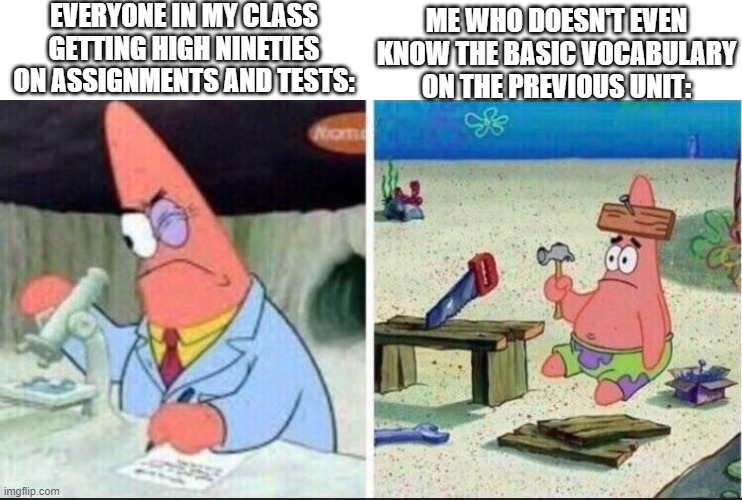 ... | EVERYONE IN MY CLASS GETTING HIGH NINETIES ON ASSIGNMENTS AND TESTS:; ME WHO DOESN'T EVEN KNOW THE BASIC VOCABULARY ON THE PREVIOUS UNIT: | image tagged in smart patrick dumb patrick,school meme,spongebob,patrick star,smart vs dumb,school memes | made w/ Imgflip meme maker