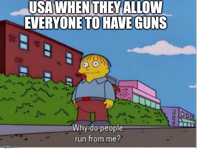 Idk mate? | USA WHEN THEY ALLOW EVERYONE TO HAVE GUNS | image tagged in why do people run away from me | made w/ Imgflip meme maker