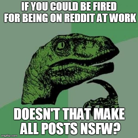 Philosoraptor | IF YOU COULD BE FIRED FOR BEING ON REDDIT AT WORK DOESN'T THAT MAKE ALL POSTS NSFW? | image tagged in memes,philosoraptor,AdviceAnimals | made w/ Imgflip meme maker