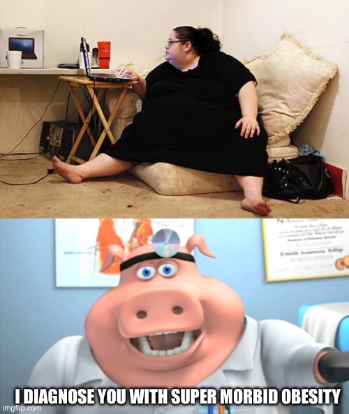 Diagnosis official | I DIAGNOSE YOU WITH SUPER MORBID OBESITY | image tagged in obese woman at computer,i diagnose you with dead,obesity | made w/ Imgflip meme maker