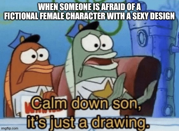 Calm Down, Son. It's Just A Drawing. | WHEN SOMEONE IS AFRAID OF A FICTIONAL FEMALE CHARACTER WITH A SEXY DESIGN | image tagged in calm down son it's just a drawing | made w/ Imgflip meme maker