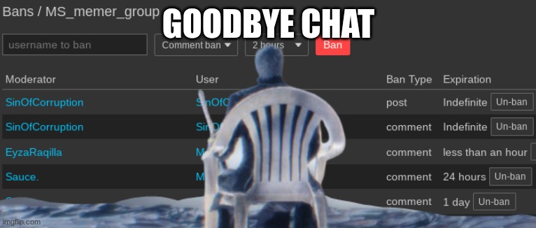 I also removed my mod. | GOODBYE CHAT | made w/ Imgflip meme maker