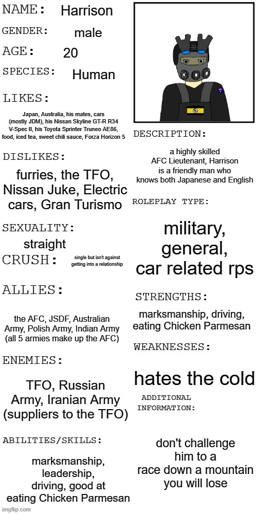 the him | Harrison; male; 20; Human; Japan, Australia, his mates, cars (mostly JDM), his Nissan Skyline GT-R R34 V-Spec II, his Toyota Sprinter Truneo AE86, food, iced tea, sweet chili sauce, Forza Horizon 5; a highly skilled AFC Lieutenant, Harrison is a friendly man who knows both Japanese and English; furries, the TFO, Nissan Juke, Electric cars, Gran Turismo; military, general, car related rps; straight; single but isn't against getting into a relationship; marksmanship, driving, eating Chicken Parmesan; the AFC, JSDF, Australian Army, Polish Army, Indian Army (all 5 armies make up the AFC); hates the cold; TFO, Russian Army, Iranian Army (suppliers to the TFO); don't challenge him to a race down a mountain you will lose; marksmanship, leadership, driving, good at eating Chicken Parmesan | image tagged in updated roleplay oc showcase | made w/ Imgflip meme maker