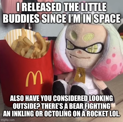 Not sure how I’m still alive. | I RELEASED THE LITTLE BUDDIES SINCE I’M IN SPACE; ALSO HAVE YOU CONSIDERED LOOKING OUTSIDE? THERE’S A BEAR FIGHTING AN INKLING OR OCTOLING ON A ROCKET LOL. | image tagged in fry,memes,splatoon | made w/ Imgflip meme maker