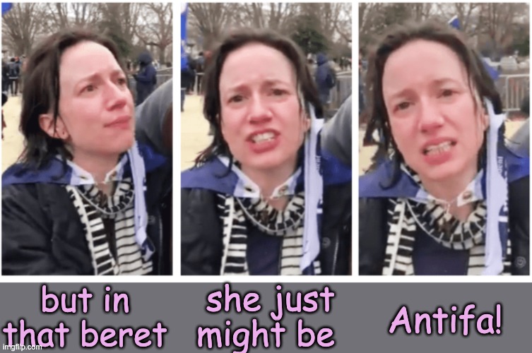 Maced MAGA woman | but in that beret Antifa! she just might be | image tagged in maced maga woman | made w/ Imgflip meme maker