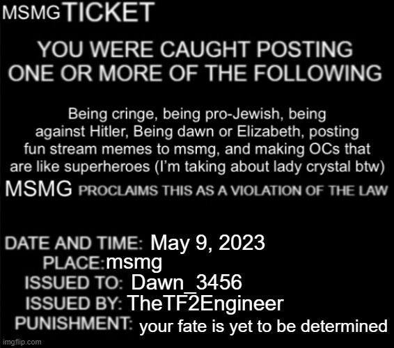 MSMG ticket | May 9, 2023; msmg; Dawn_3456; TheTF2Engineer; your fate is yet to be determined | image tagged in msmg ticket | made w/ Imgflip meme maker
