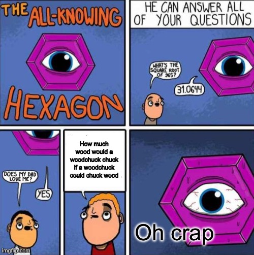 All knowing hexagon (ORIGINAL) | How much wood would a woodchuck chuck if a woodchuck could chuck wood; Oh crap | image tagged in all knowing hexagon original | made w/ Imgflip meme maker