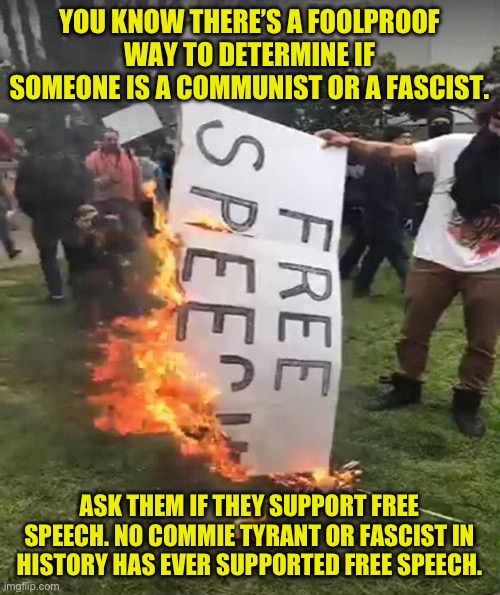 Freedom of speech is the American Way | YOU KNOW THERE’S A FOOLPROOF WAY TO DETERMINE IF SOMEONE IS A COMMUNIST OR A FASCIST. ASK THEM IF THEY SUPPORT FREE SPEECH. NO COMMIE TYRANT OR FASCIST IN HISTORY HAS EVER SUPPORTED FREE SPEECH. | image tagged in free speech,tyrants hate free speech,murica,not a granted right an inherent right,fascist and commie both hate free speech | made w/ Imgflip meme maker
