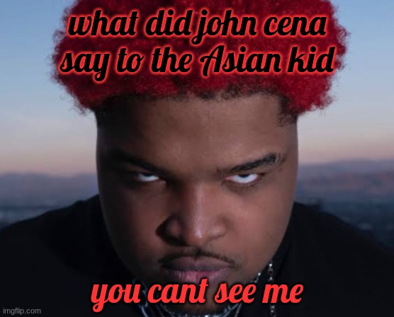 cheddars dad jokes | what did john cena say to the Asian kid; you cant see me | image tagged in bro thinks he is him | made w/ Imgflip meme maker