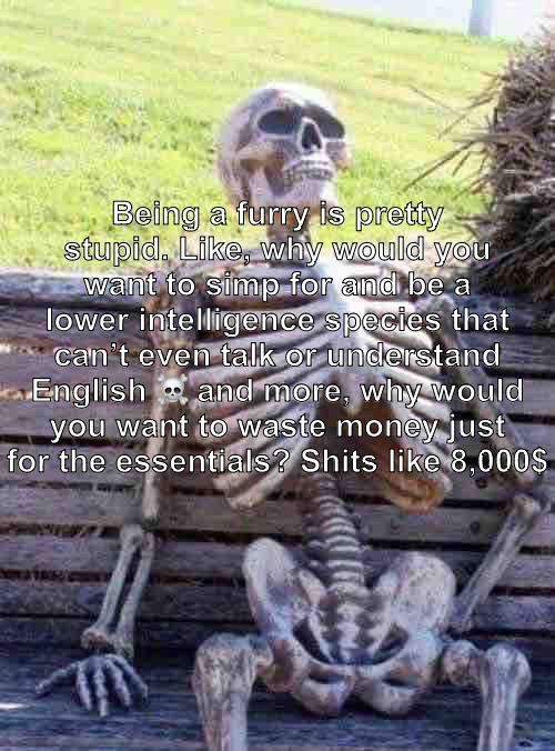 Cry about it, I don’t give 2 fucks | Being a furry is pretty stupid. Like, why would you want to simp for and be a lower intelligence species that can’t even talk or understand English ☠️ and more, why would you want to waste money just for the essentials? Shits like 8,000$ | image tagged in memes,waiting skeleton | made w/ Imgflip meme maker