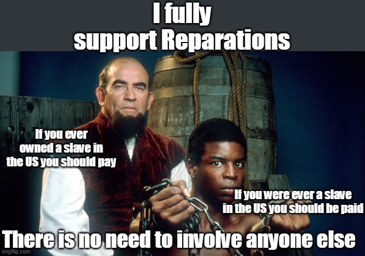 Reparations | I fully support Reparations; If you ever owned a slave in the US you should pay; If you were ever a slave in the US you should be paid; There is no need to involve anyone else | image tagged in reparations meme | made w/ Imgflip meme maker