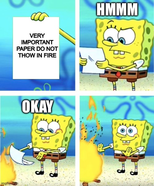 Do NOt SpongeBob | HMMM; VERY IMPORTANT PAPER DO NOT THOW IN FIRE; OKAY | image tagged in spongebob burning paper | made w/ Imgflip meme maker