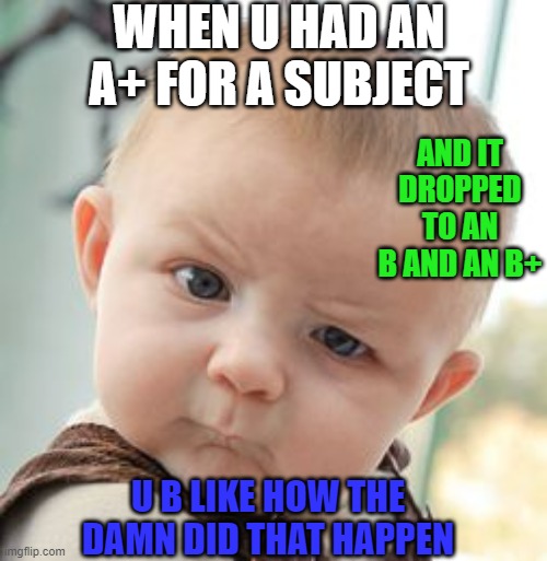 Skeptical Baby Meme | WHEN U HAD AN A+ FOR A SUBJECT; AND IT DROPPED TO AN B AND AN B+; U B LIKE HOW THE DAMN DID THAT HAPPEN | image tagged in memes,skeptical baby | made w/ Imgflip meme maker