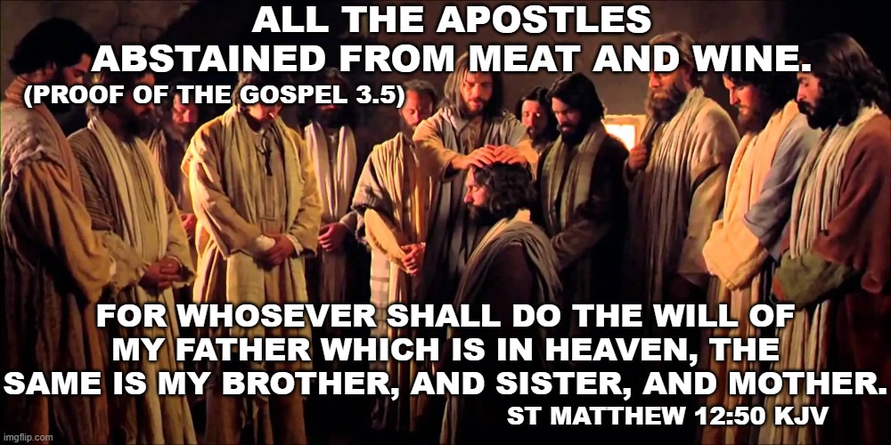 ALL THE APOSTLES ABSTAINED FROM MEAT AND WINE. (PROOF OF THE GOSPEL 3.5); FOR WHOSEVER SHALL DO THE WILL OF MY FATHER WHICH IS IN HEAVEN, THE SAME IS MY BROTHER, AND SISTER, AND MOTHER. ST MATTHEW 12:50 KJV | made w/ Imgflip meme maker