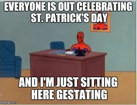Spiderman Computer Desk Meme | EVERYONE IS OUT CELEBRATING ST. PATRICK'S DAY AND I'M JUST SITTING HERE GESTATING | image tagged in memes,spiderman,AdviceAnimals | made w/ Imgflip meme maker