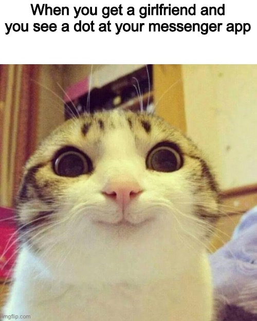 Every time | When you get a girlfriend and you see a dot at your messenger app | image tagged in memes,smiling cat | made w/ Imgflip meme maker
