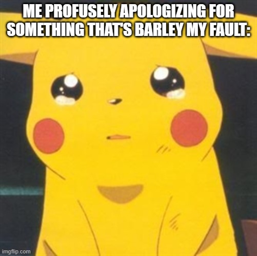 I'm sorry sad pikachu | ME PROFUSELY APOLOGIZING FOR SOMETHING THAT'S BARLEY MY FAULT: | image tagged in i'm sorry sad pikachu | made w/ Imgflip meme maker