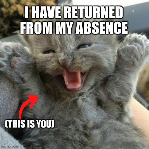 yay | I HAVE RETURNED FROM MY ABSENCE; (THIS IS YOU) | image tagged in suprise i ran away but i am back | made w/ Imgflip meme maker