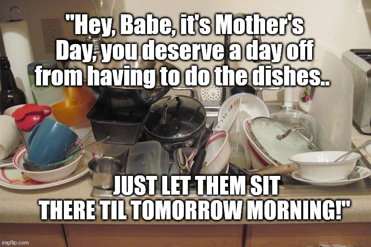 Mother's Day gift | "Hey, Babe, it's Mother's Day, you deserve a day off from having to do the dishes.. JUST LET THEM SIT THERE TIL TOMORROW MORNING!" | image tagged in mom | made w/ Imgflip meme maker