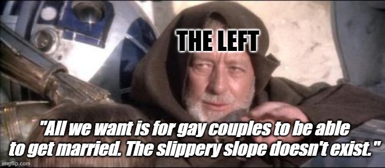 Being sympathetic to pedophilia is becoming the talking point now. | THE LEFT; "All we want is for gay couples to be able to get married. The slippery slope doesn't exist." | image tagged in memes,these aren't the droids you were looking for | made w/ Imgflip meme maker