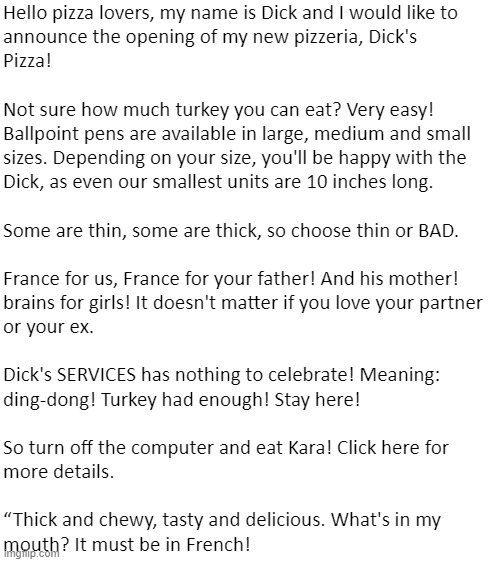 Dick's Pizzeria, Obfuscated | made w/ Imgflip meme maker