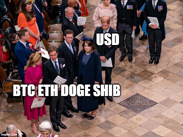 US Dollar is on a Path to Destruction | USD; BTC ETH DOGE SHIB | image tagged in everyone hates harry,fiat,crypto,debt ceiling,money printing,money | made w/ Imgflip meme maker