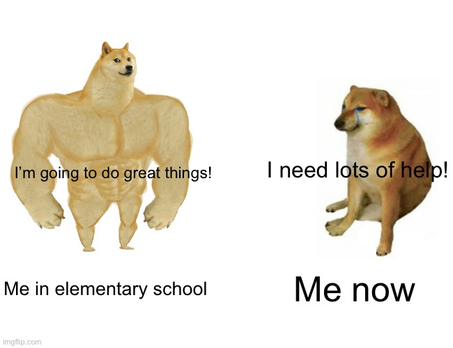 Why can’t I solve problems as easily as I used to be able to? | I need lots of help! I’m going to do great things! Me in elementary school; Me now | image tagged in memes,buff doge vs cheems | made w/ Imgflip meme maker